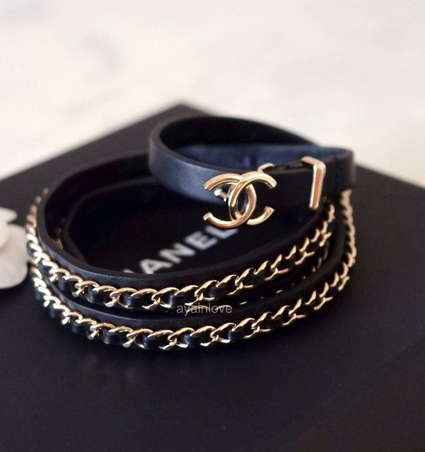 CHANEL 22B Black Interlaced Chain Leather Belt Size 90 Gold Hardware