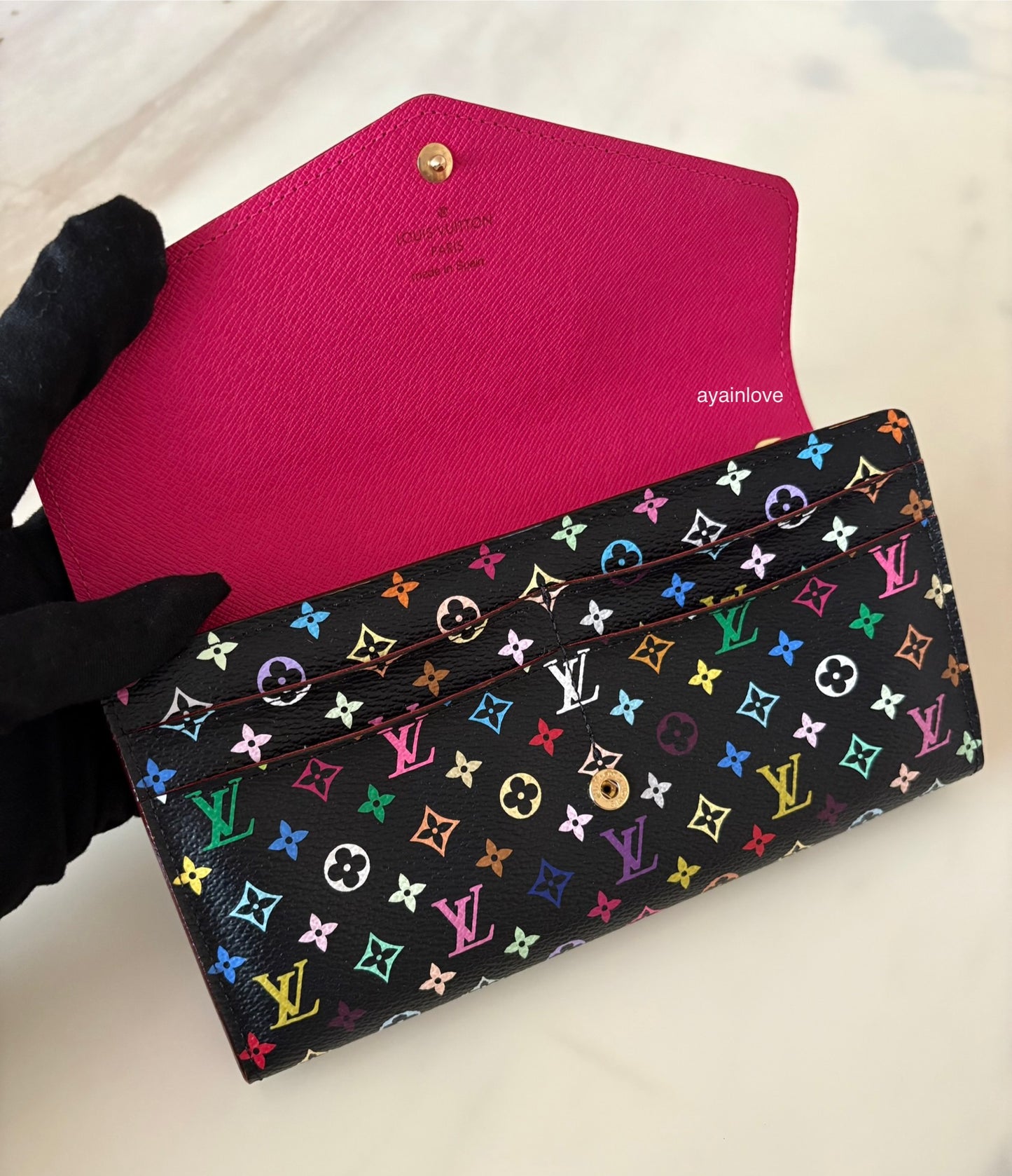 LOUIS VUITTON LV Black Murakami Multicolour Sarah Wallet Gold Hardware