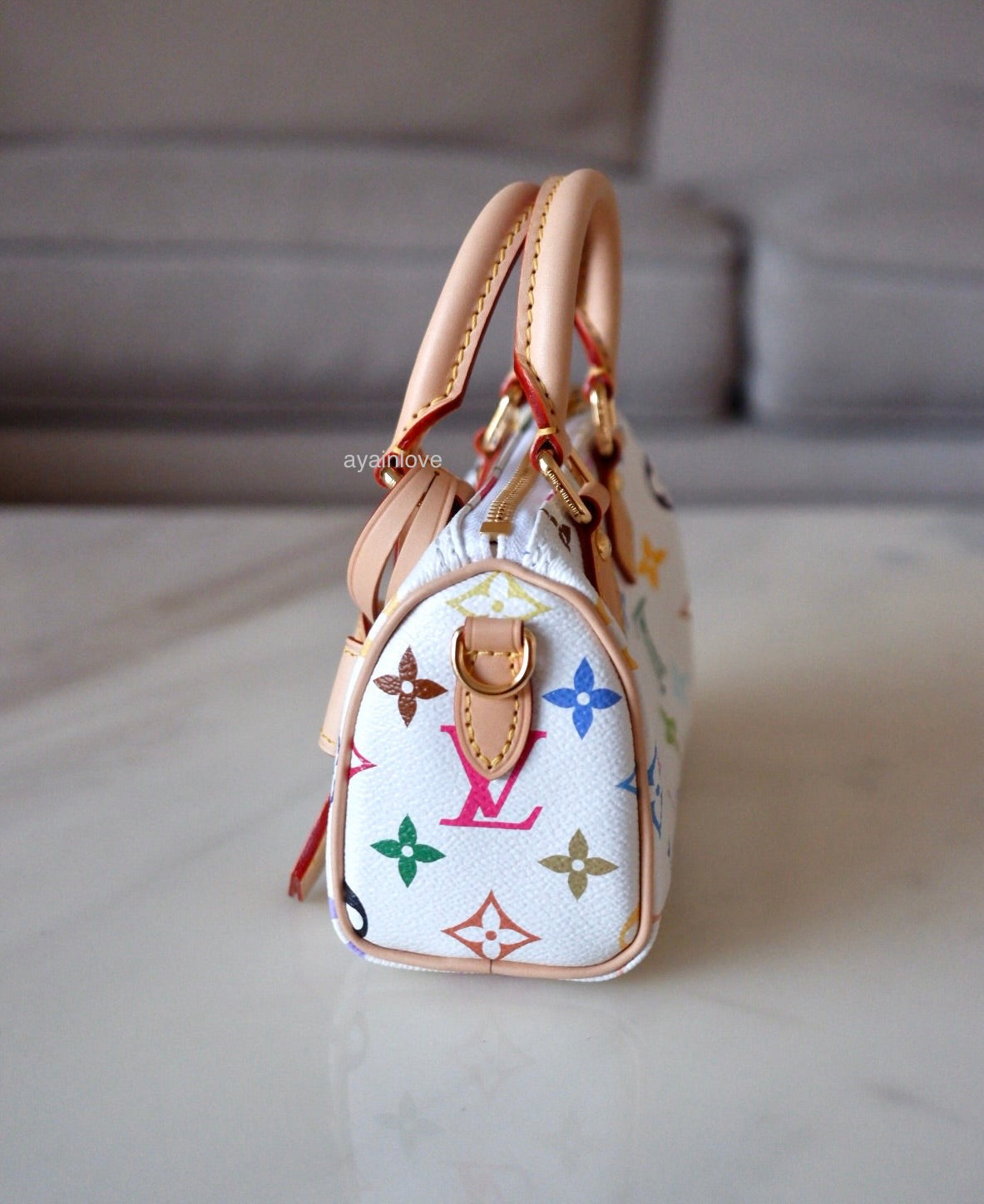 LOUIS VUITTON LV x TM White Multicolour Murakami Nano Speedy Gold Hardware