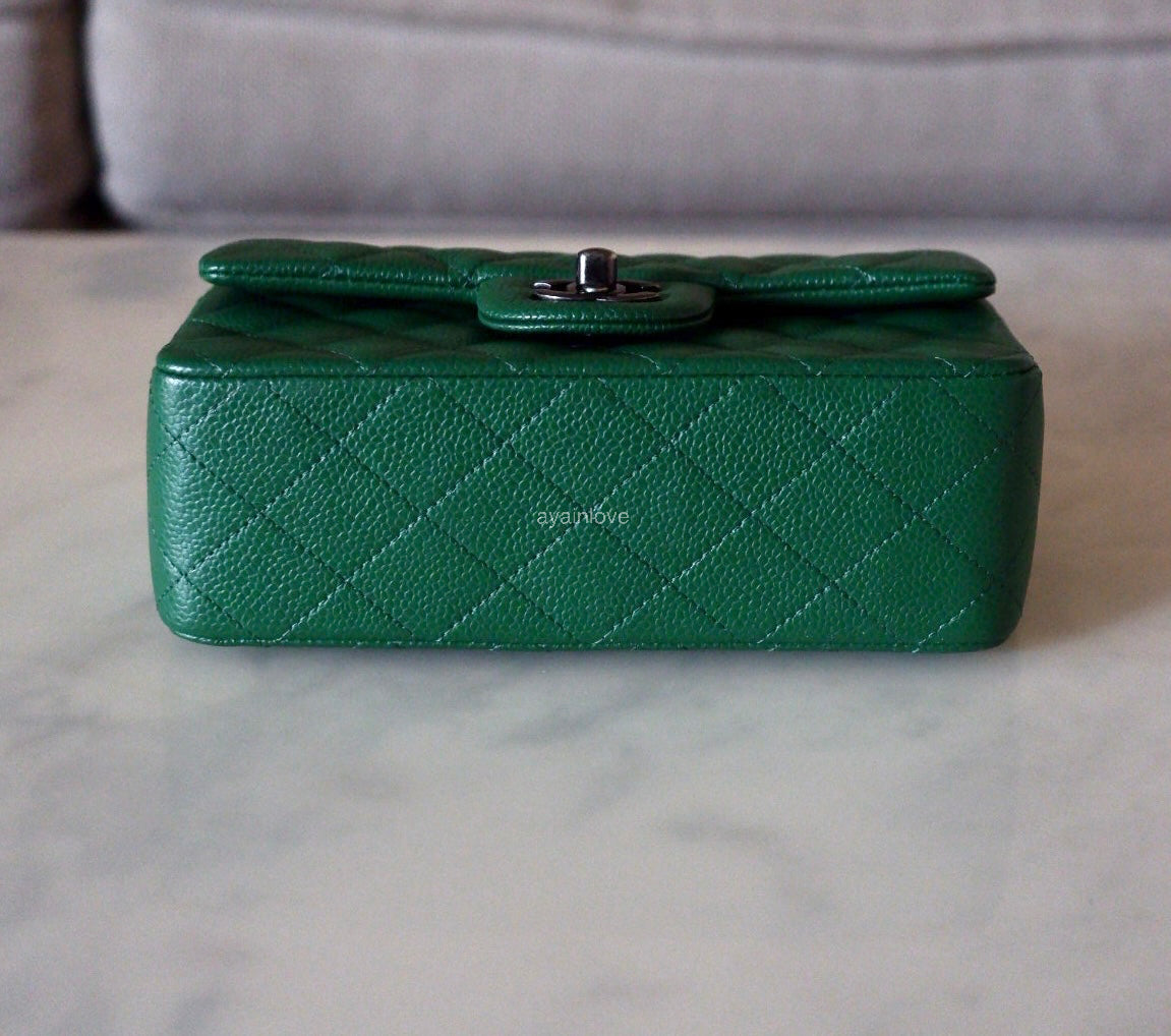 CHANEL Green Caviar Classic Quilted Rectangular Mini Flap Bag Ruthenium Hardware
