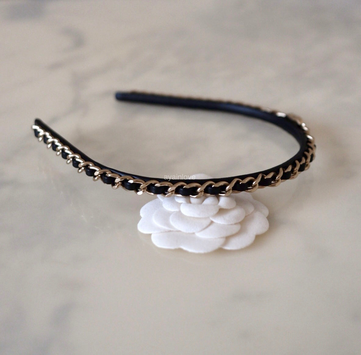 CHANEL Black Interlaced Chain Leather CC Turn Lock Logo Gold Hardware Headband Bandeau