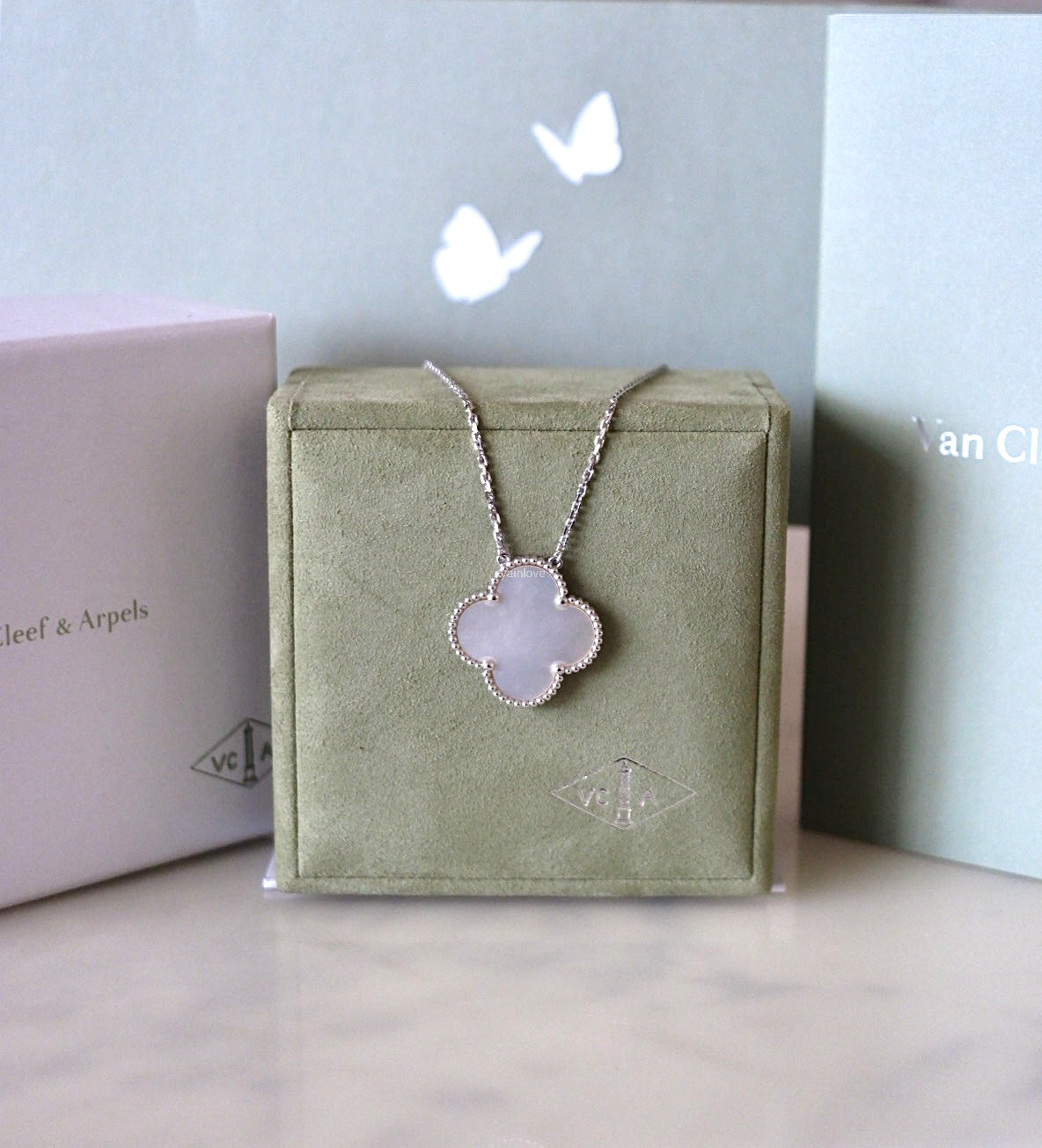 Van Cleef Arpels VCA White Mother of Pearl Magic Alhambra Pendant Necklace 18KT White Gold