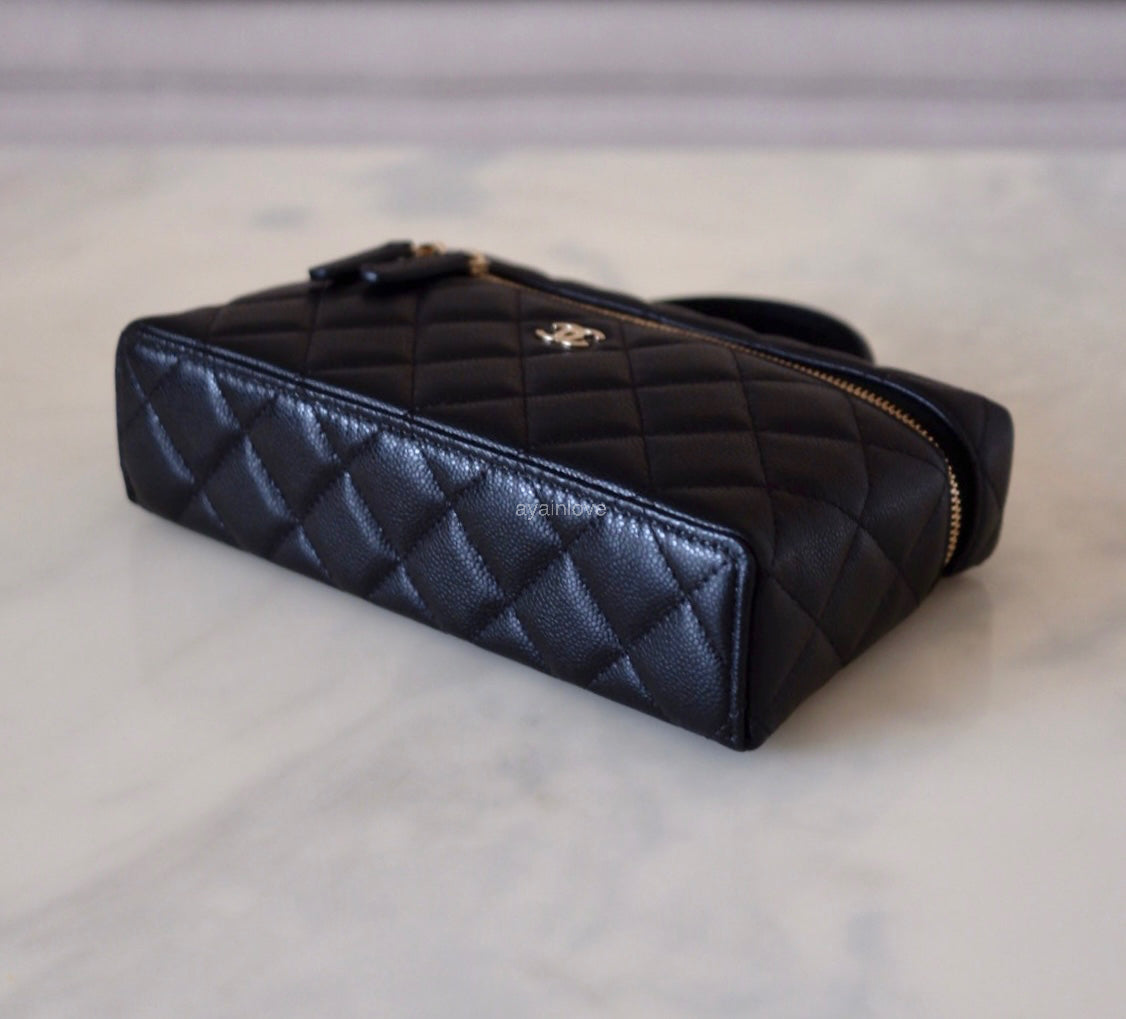 CHANEL 2025 Black Caviar Top Handle Flat Vanity on Chain Light Gold Hardware