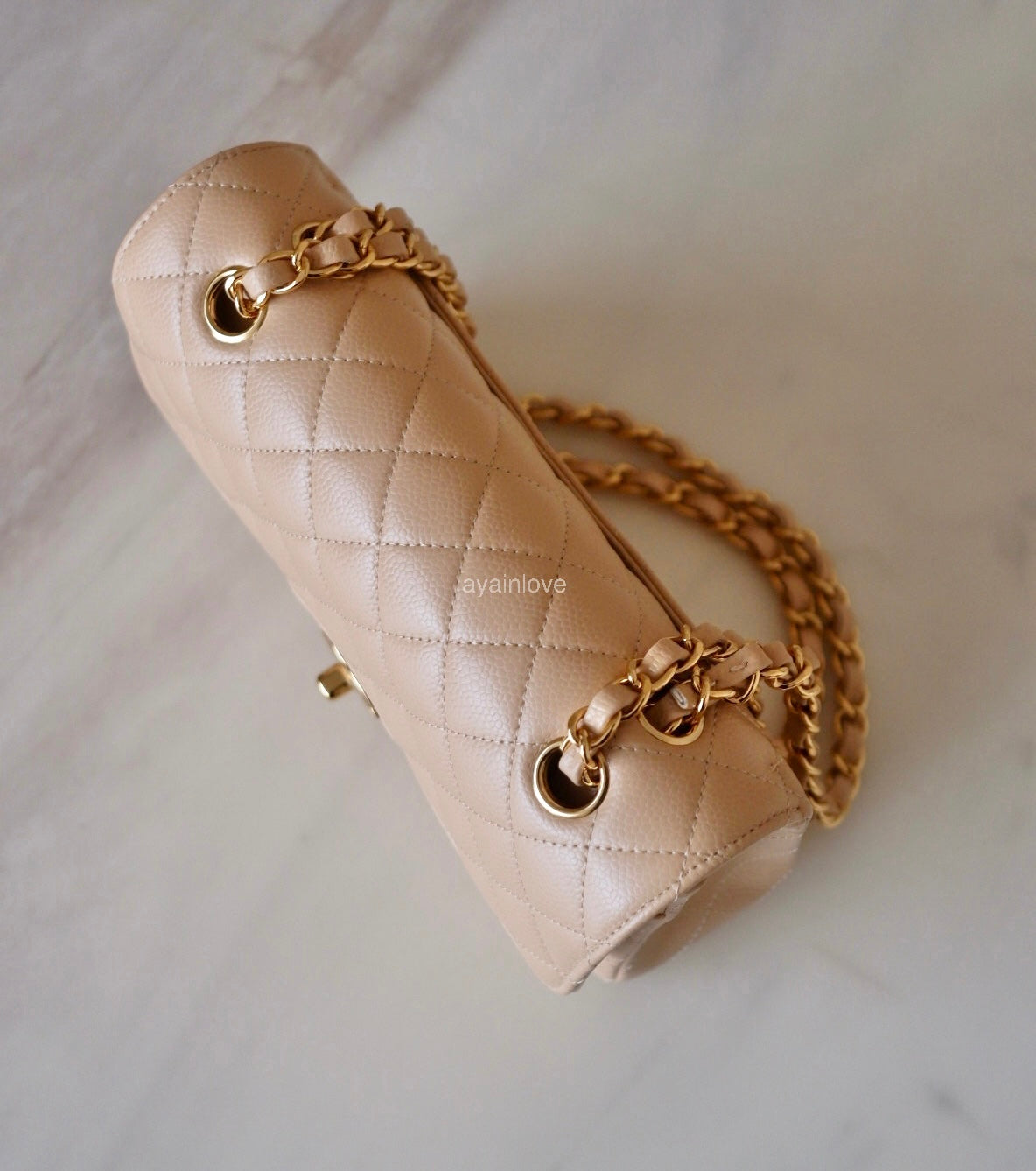 CHANEL Beige Clair Caviar Small Classic Flap Bag Gold Hardware