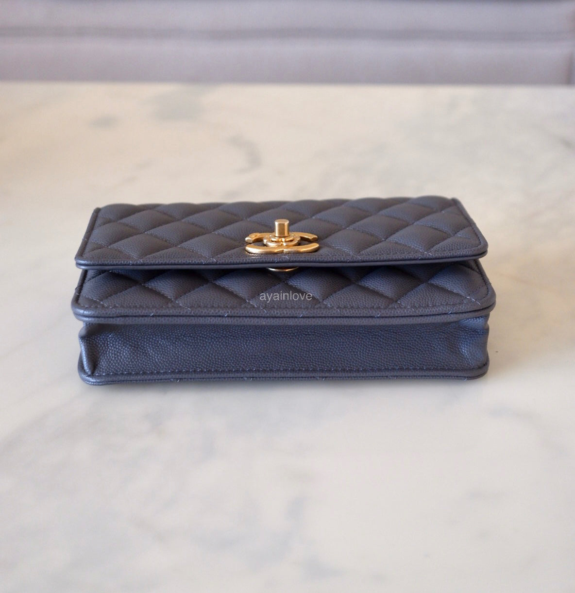CHANEL 23K Dark Grey Caviar Camellia CC Wallet On Chain *Microchipped* Brushed Gold Hardware