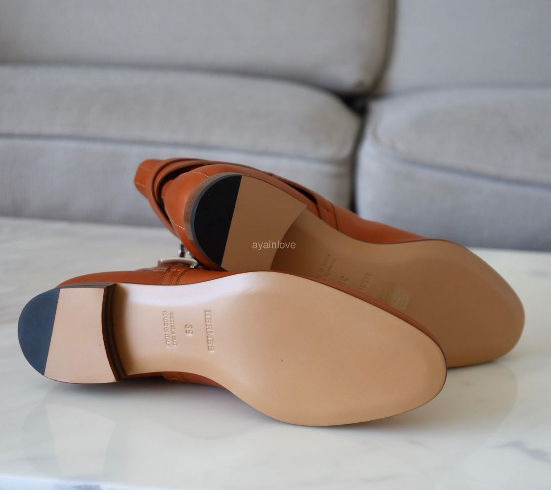 HERMES Naturel Brown Calfskin Neo Ankle Kelly Boots Shoes Palladium Hardware Size 39