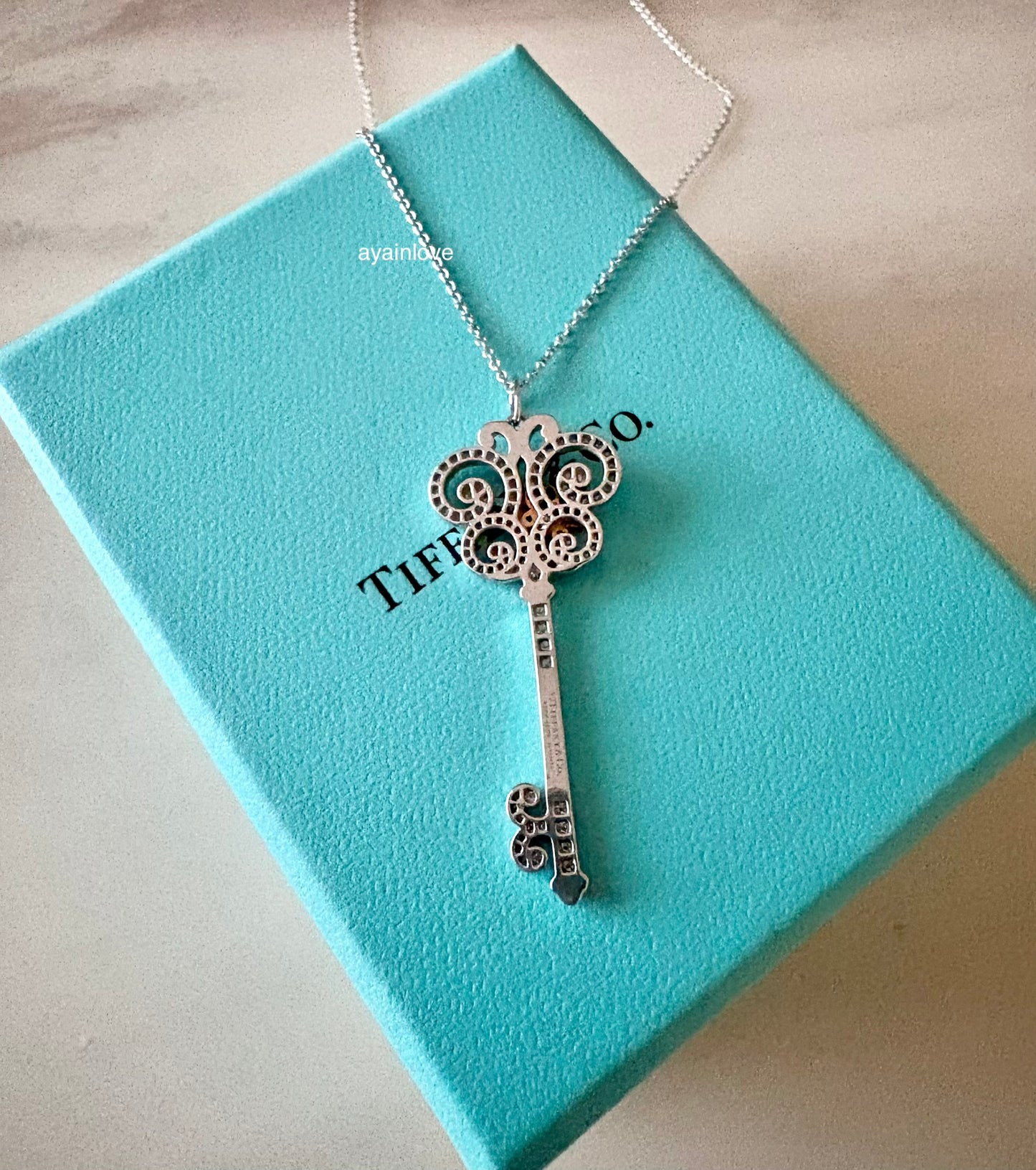 TIFFANY & CO Enchant Butterfly Key Pendant Necklace 950 Platinum White Diamonds and 18KT Rose Gold Pink Diamonds