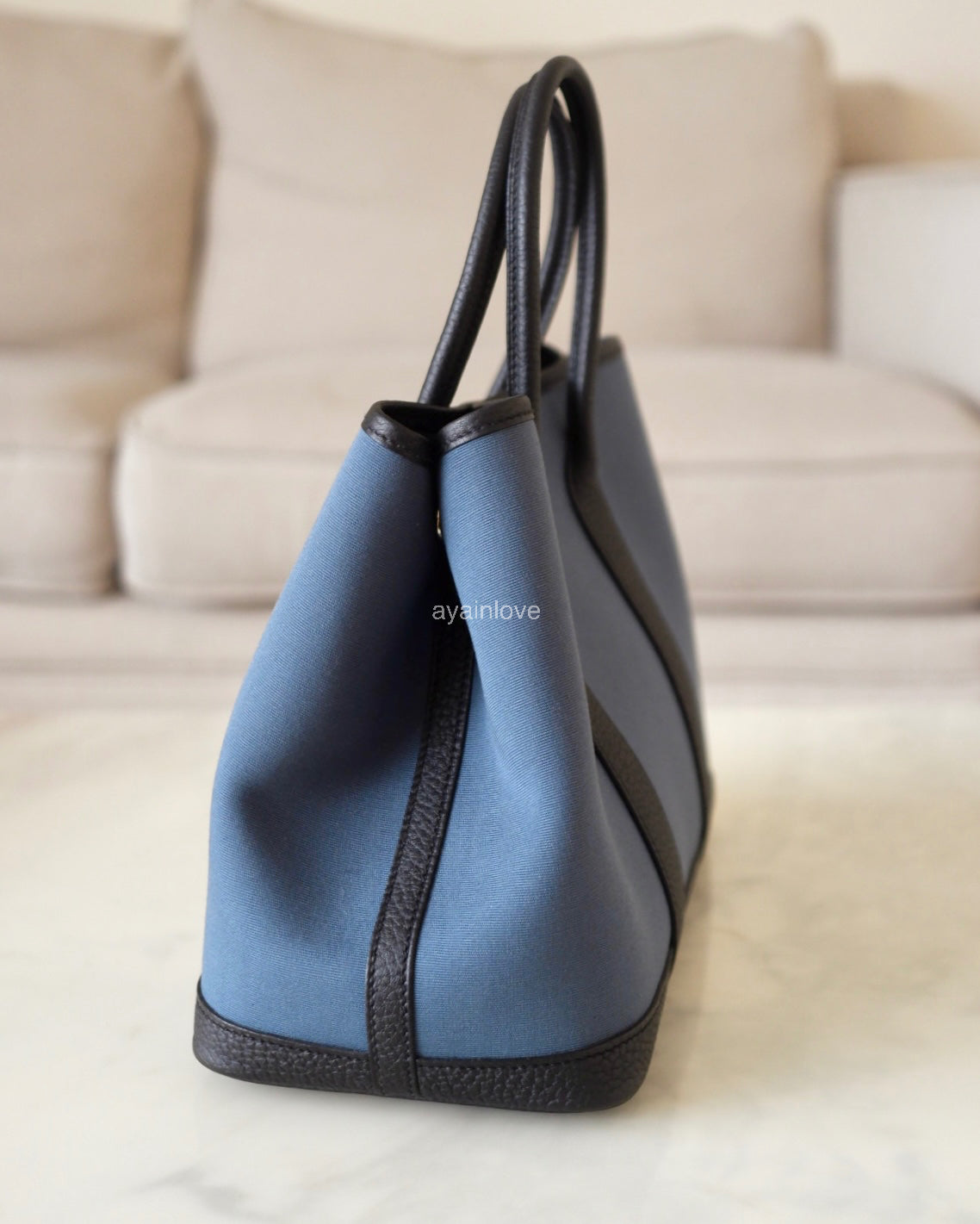 HERMES Garden Party 30 Canvas/Negonda Navy Blue/Black Bag Palladium Hardware W Stamp