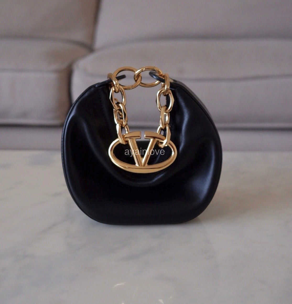 VALENTINO Vlogo Black Moon Zip Up Mini Hobo Bag Gold Hardware