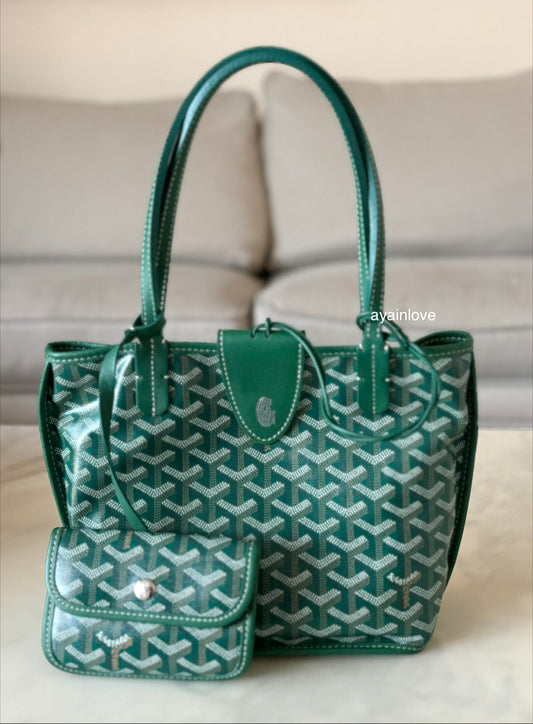 GOYARD Anjou Mini Green Goyardline Canvas/Calfskin Reversible Tote Bag