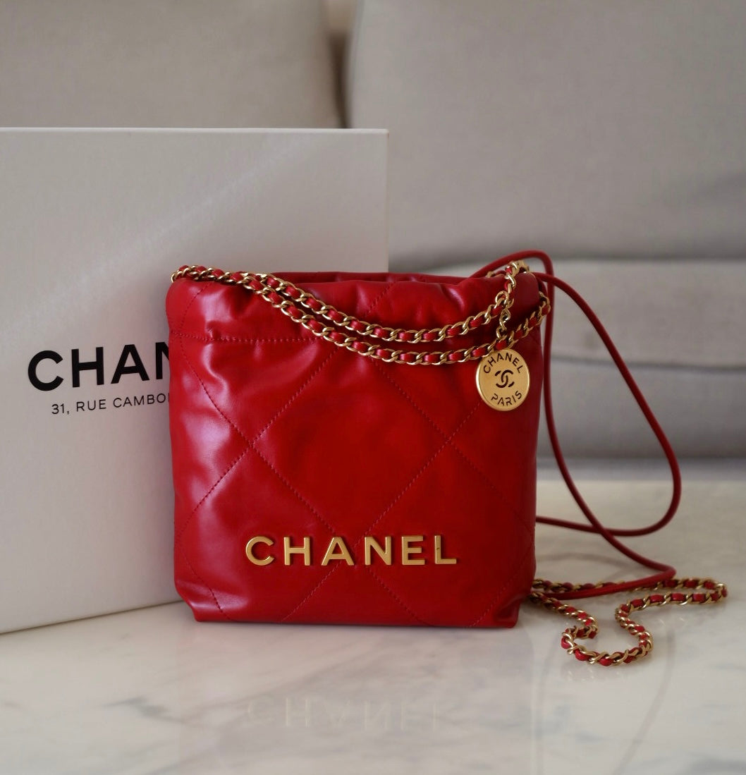 CHANEL Mini 22 Red Shiny Calf Skin Bag Gold Hardware