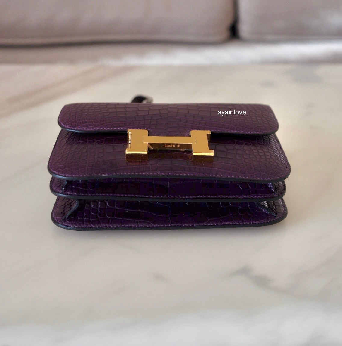 HERMES Constance Mini 18 Amethyst Purple Matte Alligator Leather Gold Hardware Y Stamp