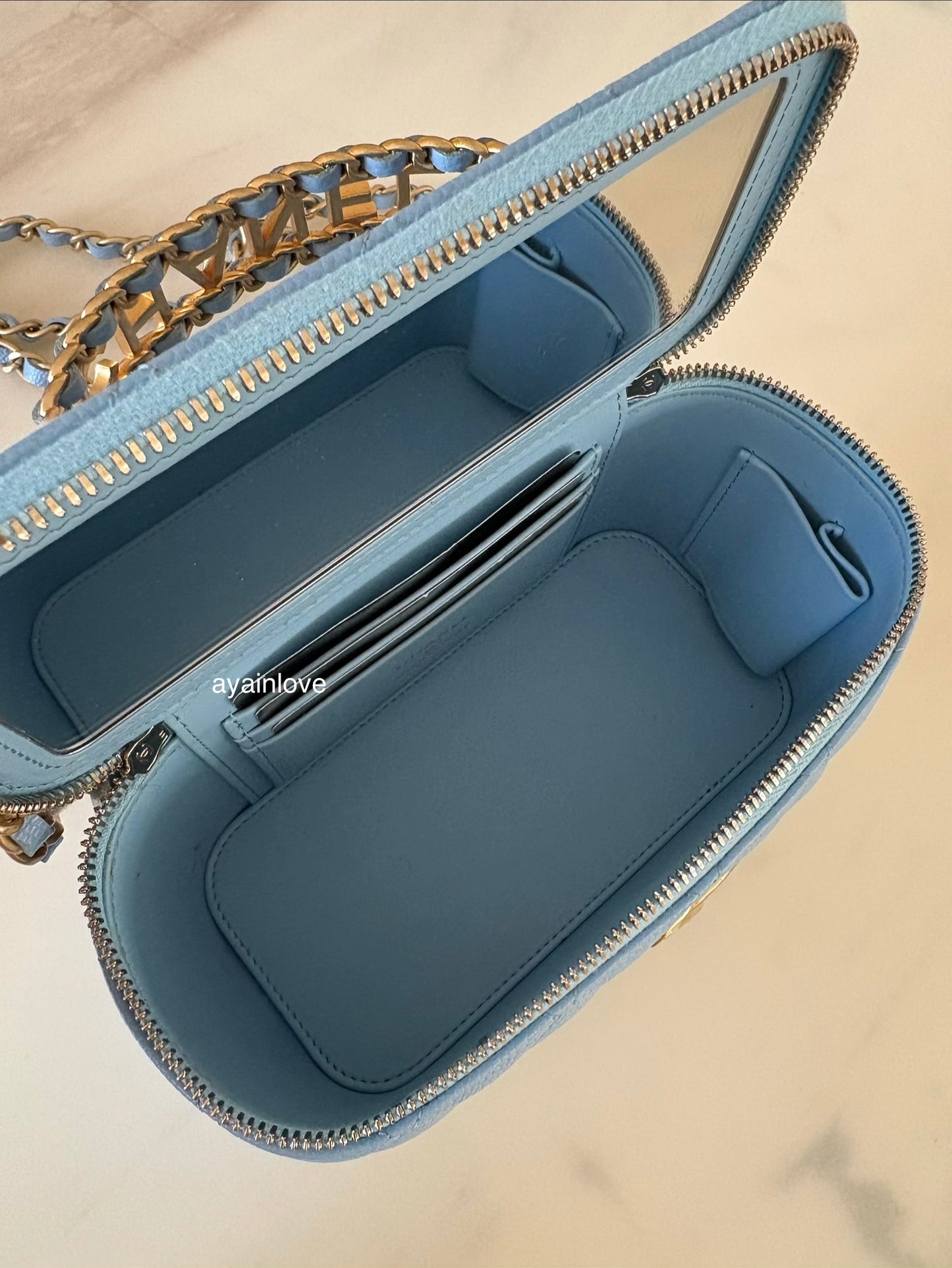 CHANEL 22S Pick Me Up Blue Caviar Top Handle Script Vanity Gold Hardware