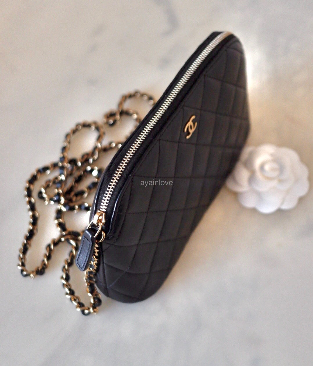 CHANEL Small Black Lambskin Zip Clutch on Chain Camera Bag Light Gold Hardware