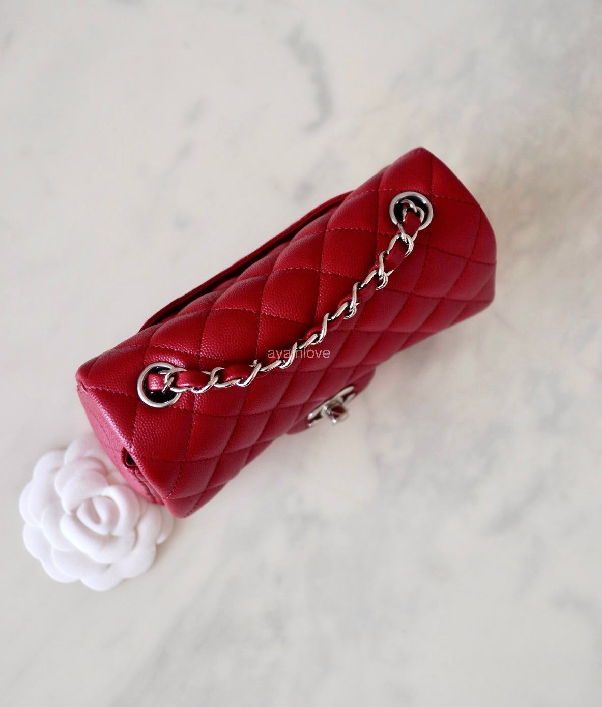 CHANEL 17B Red Caviar Quilted Classic Rectangular Mini Silver Hardware