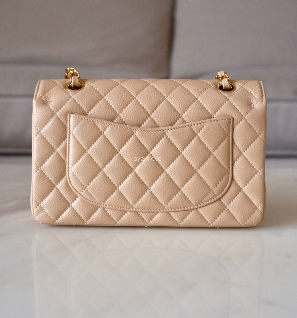CHANEL Beige Clair Caviar Small Classic Flap Bag Gold Hardware