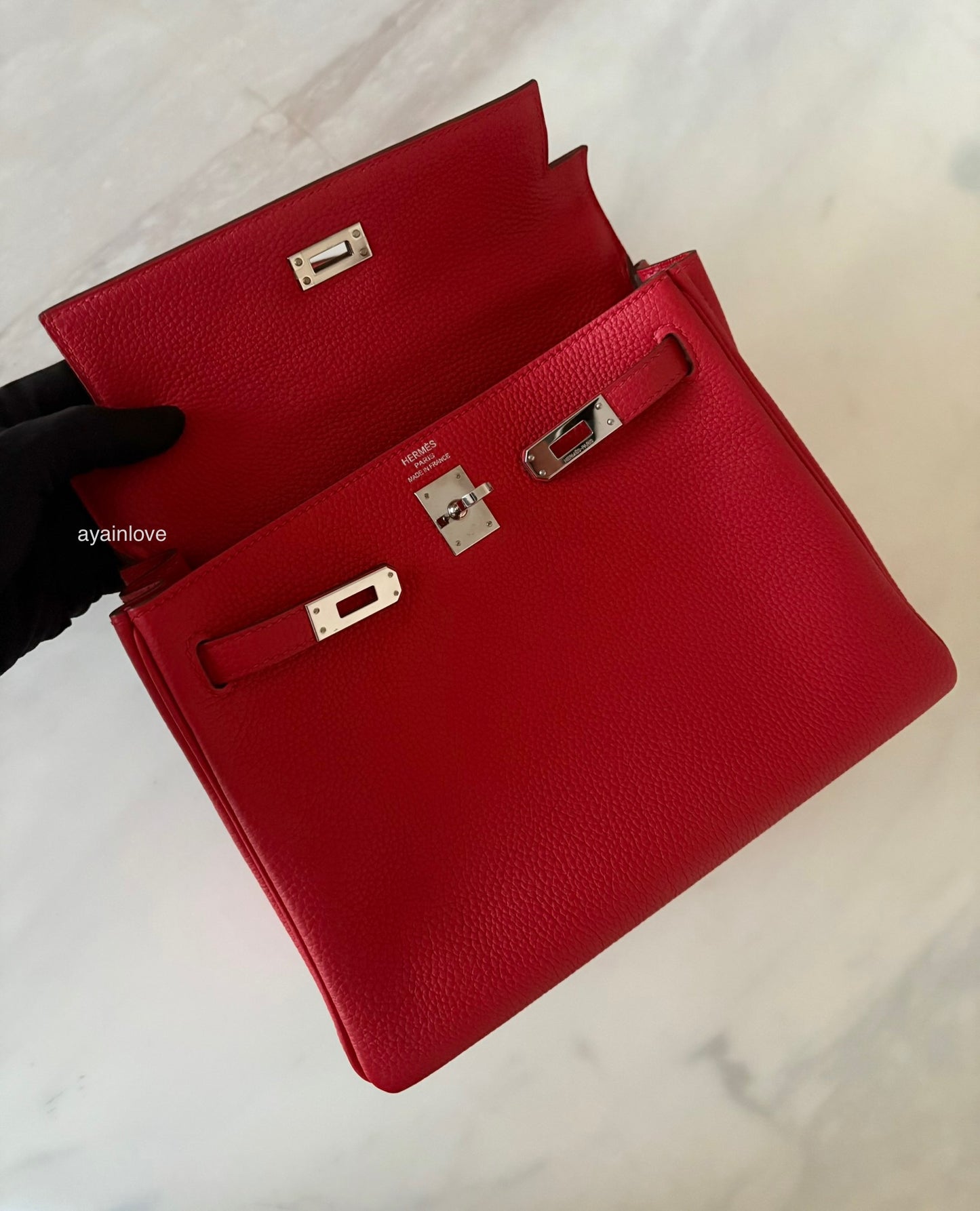 HERMES Kelly 25 Geranium Togo Retourne Palladium Hardware X Stamp