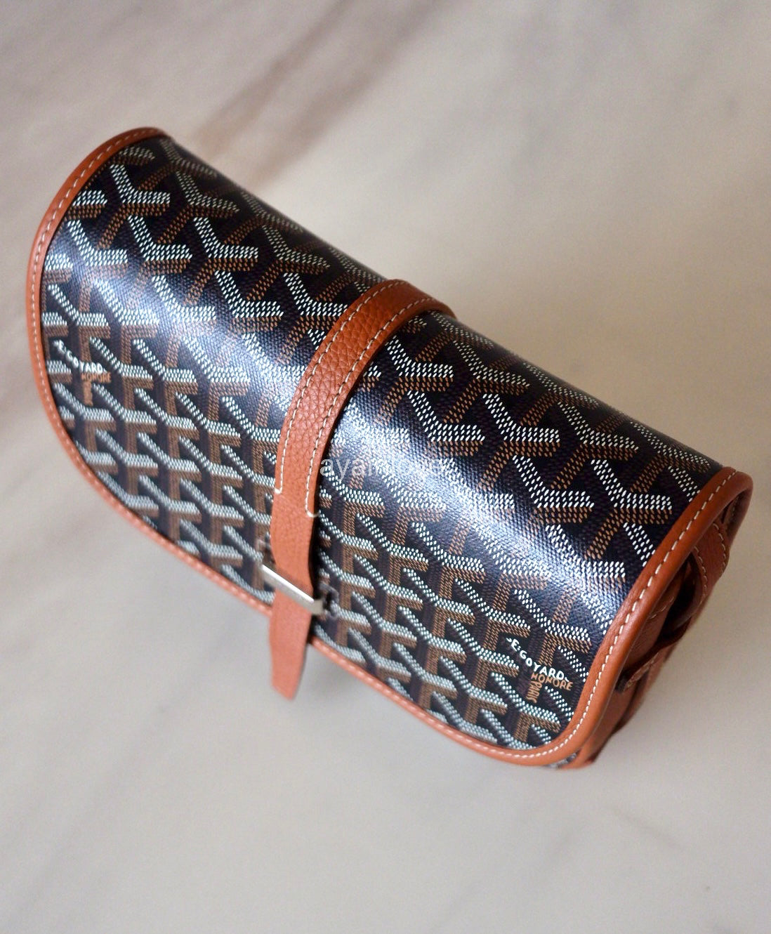 GOYARD Belvedere PM Goyardline Canvas/Calfskin Tan Black Messenger Bag Silver Hardware