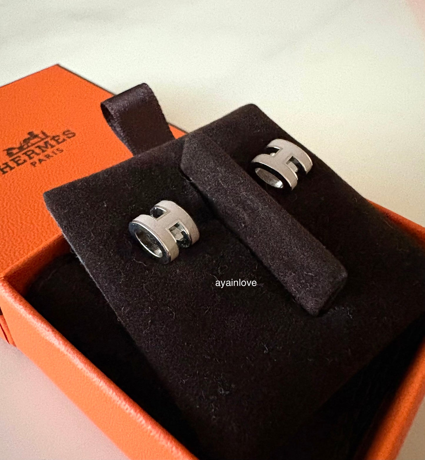 HERMES H Pop Mini Grey Maroon Glace Stud Earrings Palladium Hardware