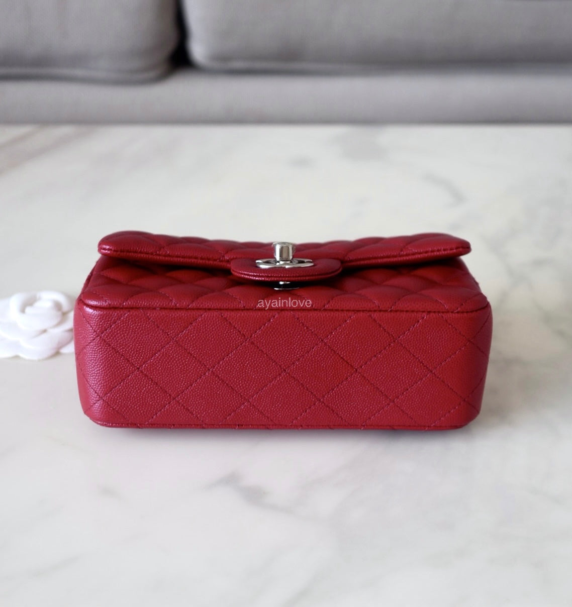 CHANEL 17B Red Caviar Quilted Classic Rectangular Mini Silver Hardware