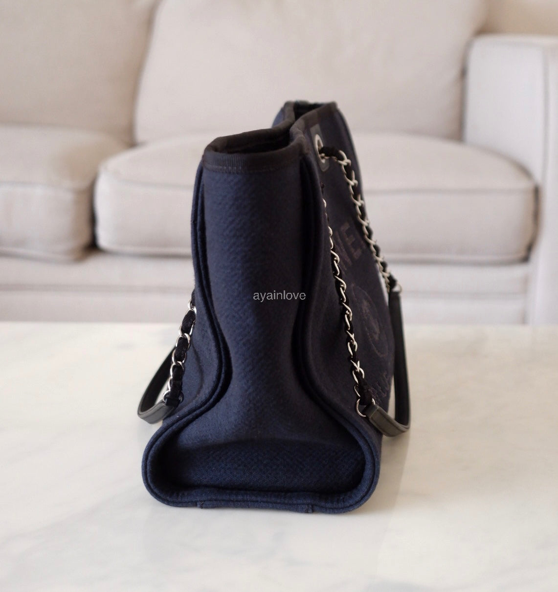 CHANEL Midnight Navy Blue Canvas Small Medium Deauville Microchipped Tote Bag Silver Hardware