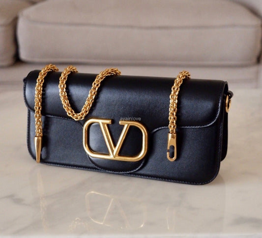 VALENTINO Garavani Black LOCÒ Calfskin Shoulder Bag Antique Gold Hardware