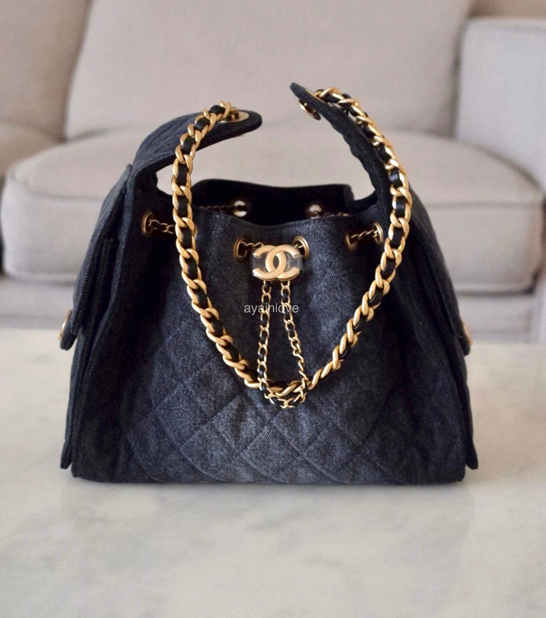 CHANEL 26P Black Washed Denim Small 25 Bag Gold Hardware