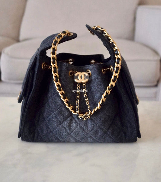 CHANEL 26P Black Washed Denim Small 25 Bag Gold Hardware