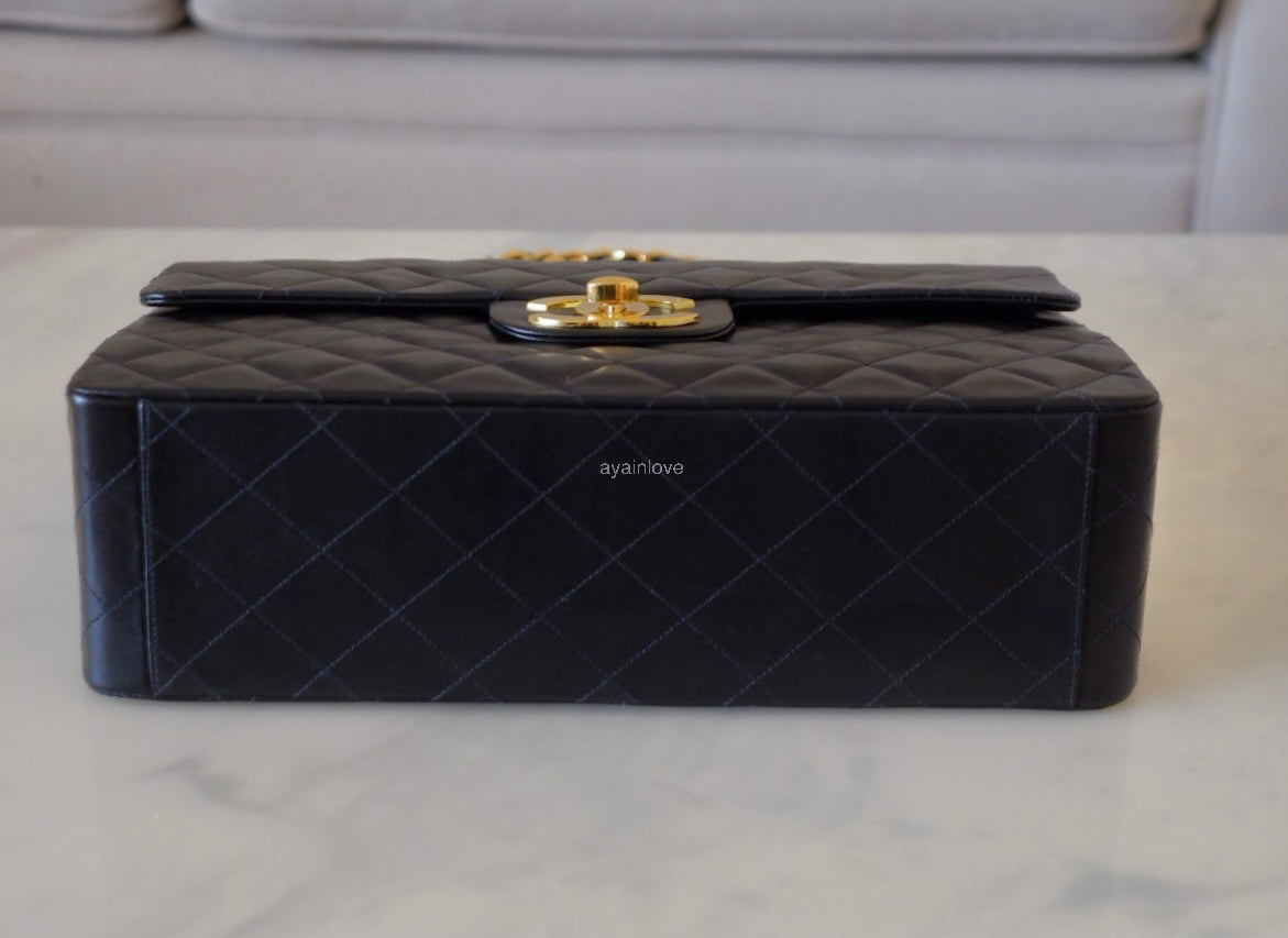 CHANEL Vintage Black Quilted Maxi XL Jumbo Classic Single Flap Oversized CC Bag 24KT Gold Plated Hardware Series 3