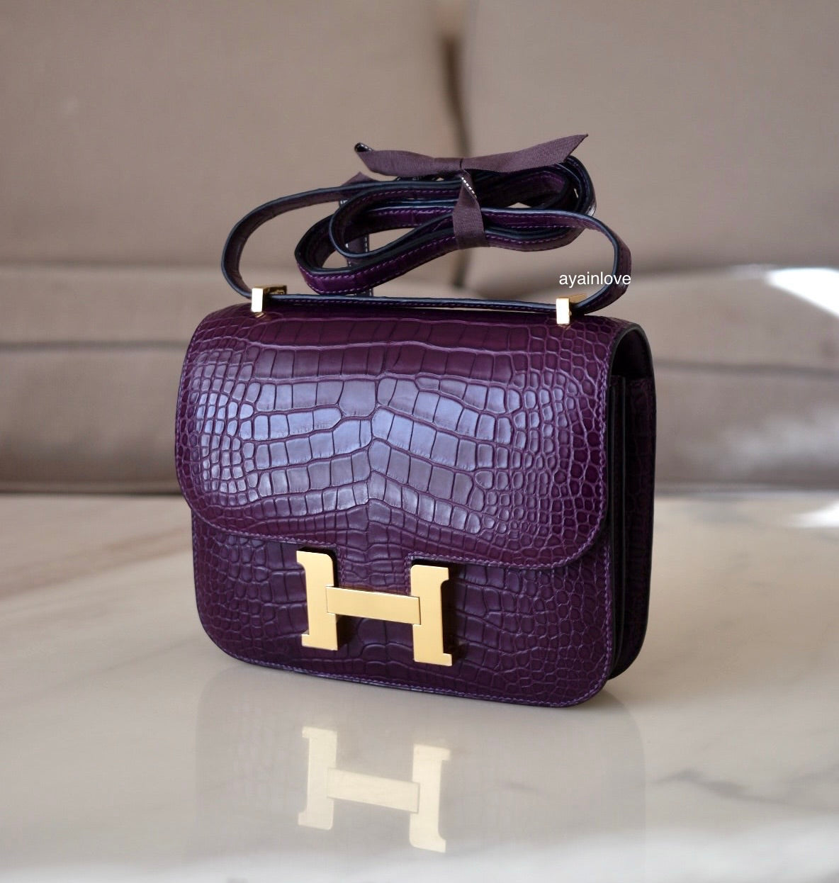 HERMES Constance Mini 18 Amethyst Purple Matte Alligator Leather Gold Hardware Y Stamp