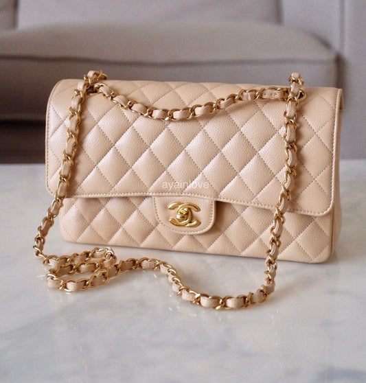 CHANEL Beige Clair Caviar Microchipped Medium/Large Classic Flap Gold Hardware