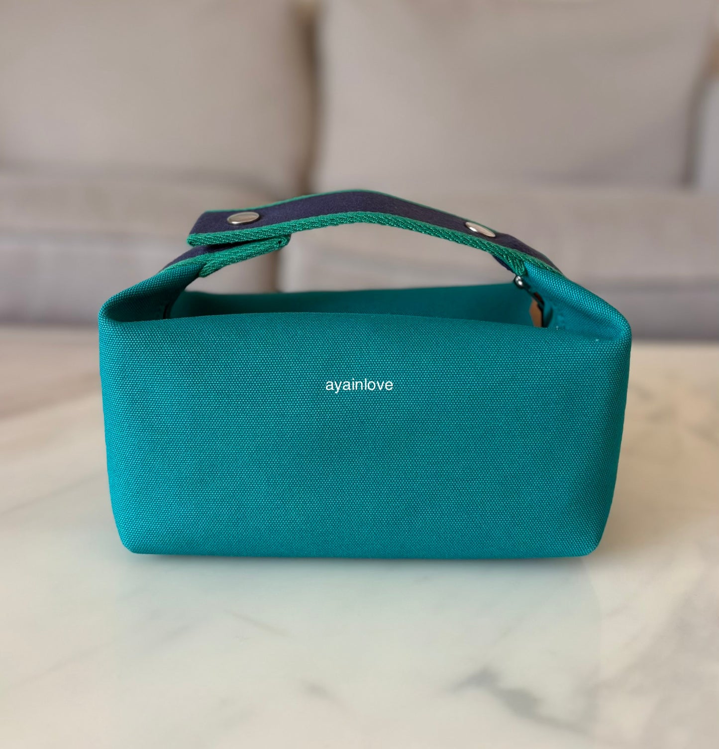 HERMES Bride-A-Brac Green Canvas Toilette Au Carre Case Small PM Palladium Hardware