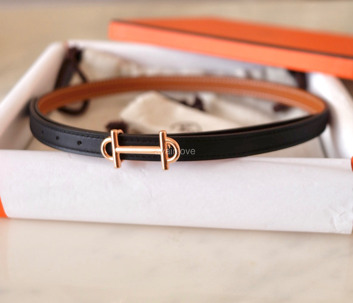 HERMES Gamma Belt Reversible Black/Gold Swift/Epsom Size 70 Rose Gold Hardware W Stamp