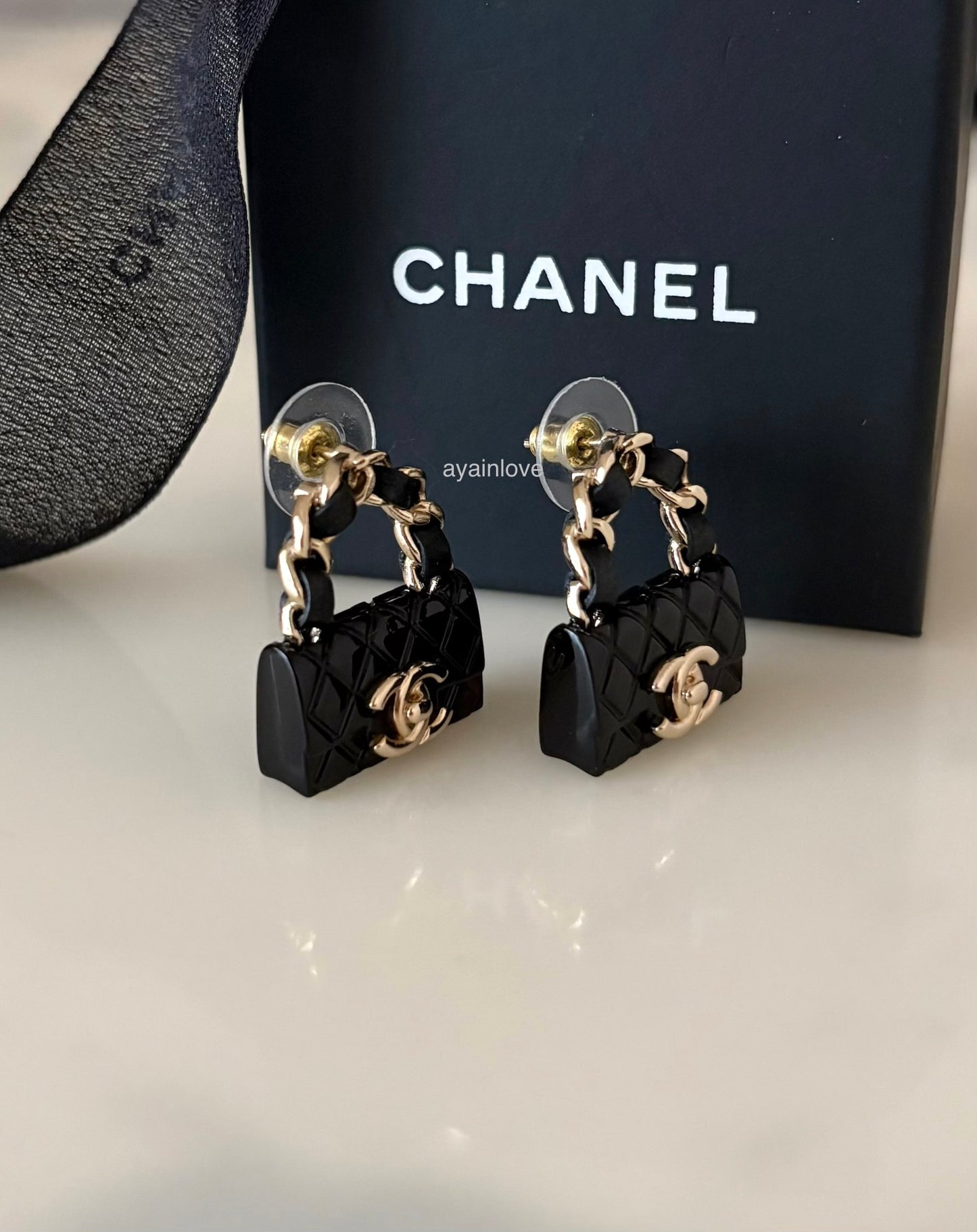 CHANEL 23C Black Classic Flap Handbag Stud Earrings Gold Hardware