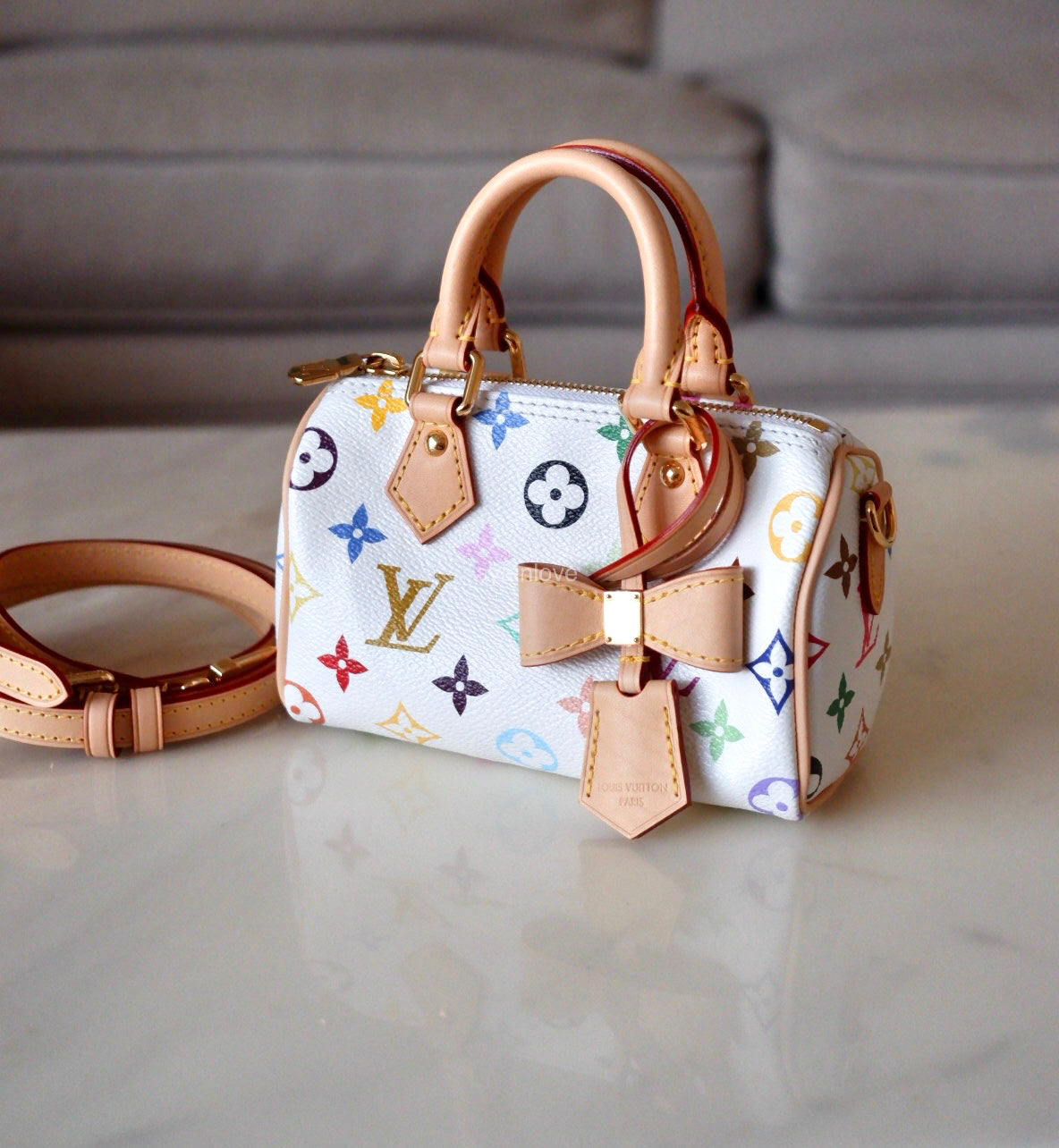LOUIS VUITTON LV x TM White Multicolour Murakami Nano Speedy Gold Hardware