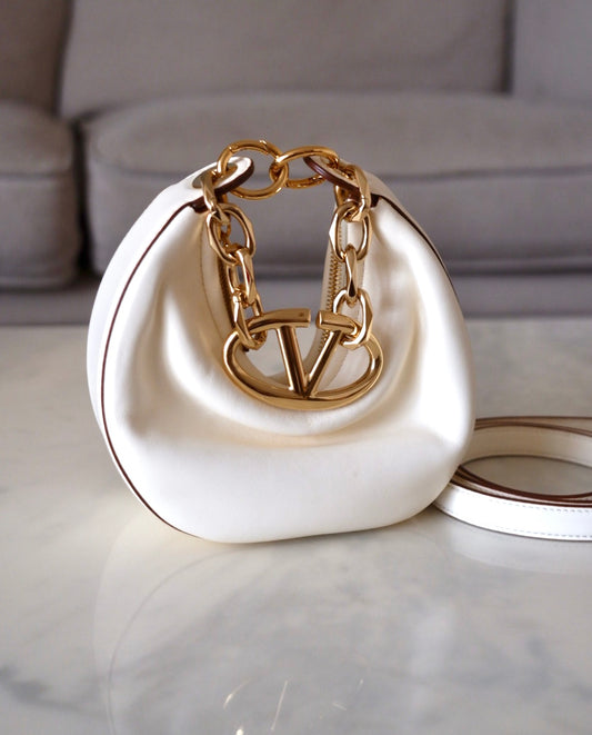 VALENTINO Vlogo Ivory Moon Zip Up Mini Hobo Bag Gold Hardware