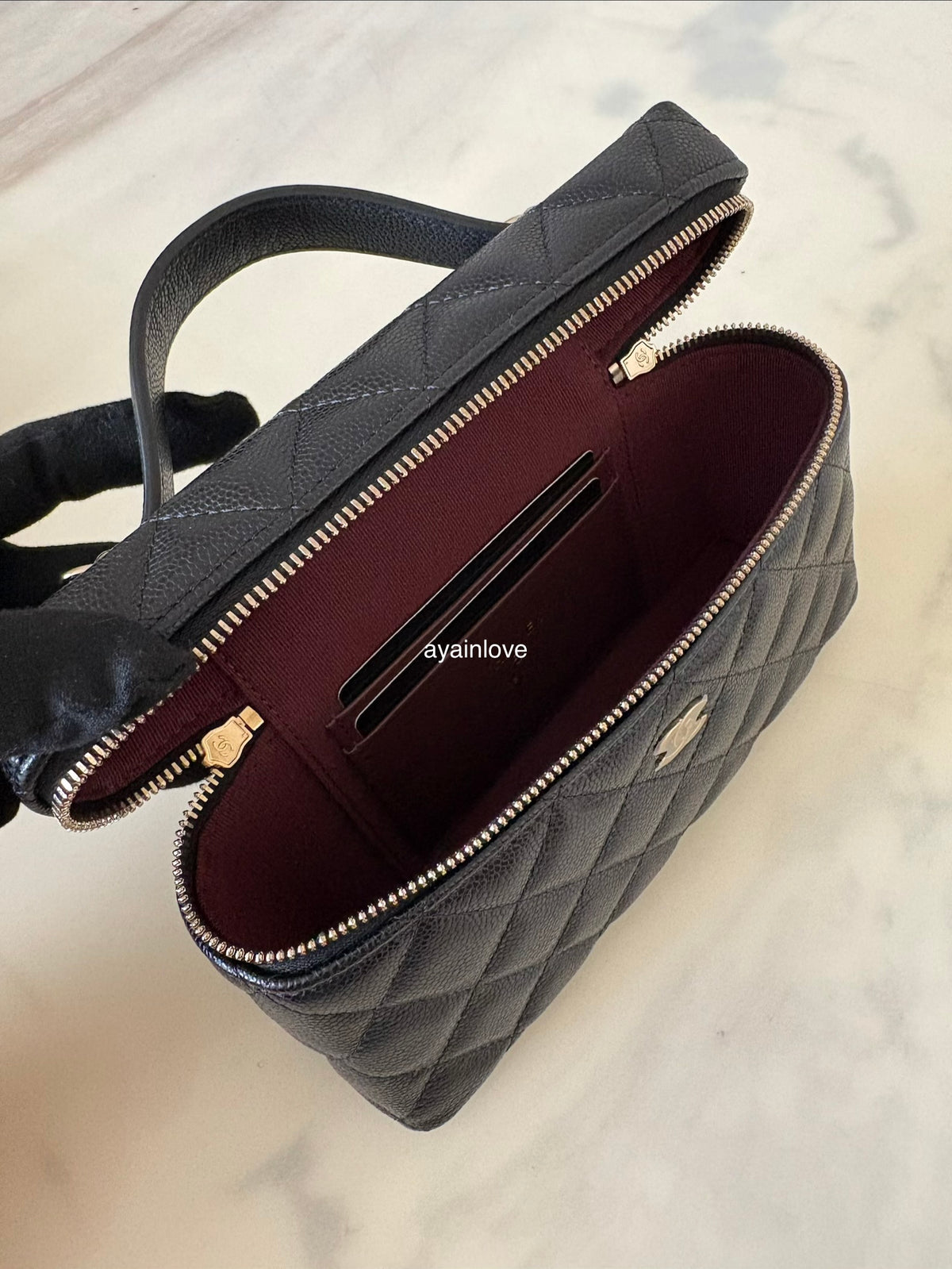CHANEL Black Caviar Top Handle Flat Vanity on Chain Light Gold Hardware
