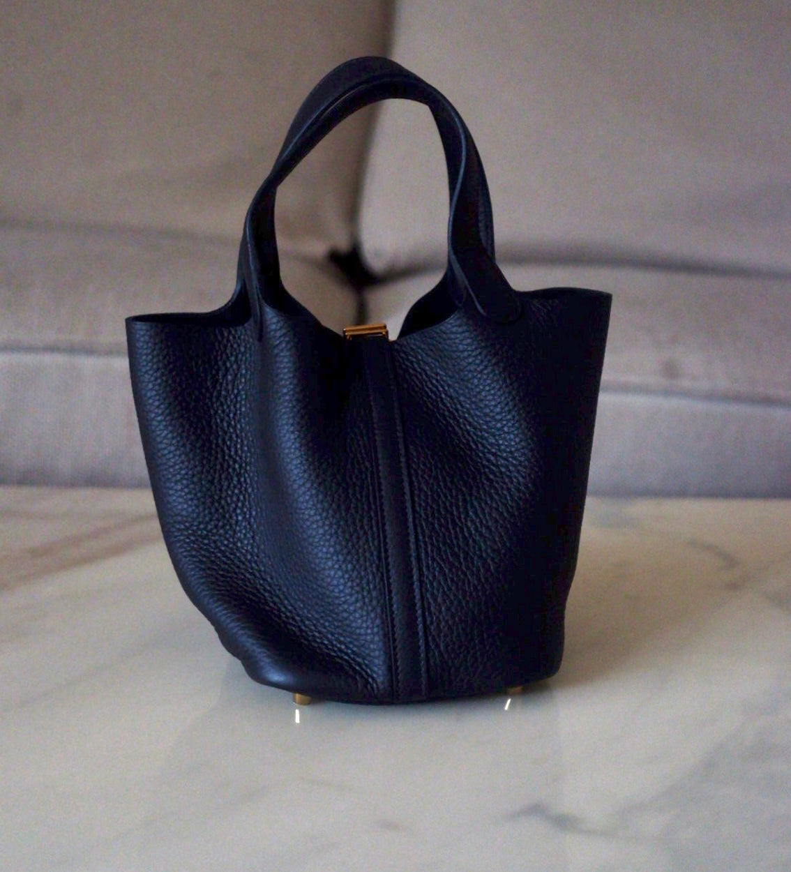 HERMES Picotin Lock 18 Caban Dark Blue Black Taurillion Clemence Gold Hardware K Stamp
