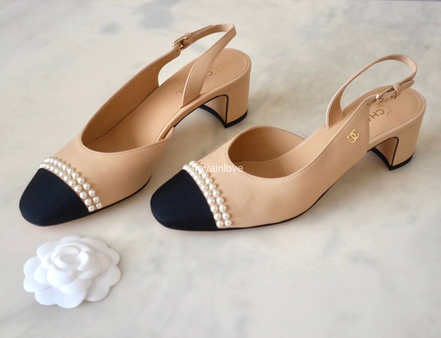 Slingback Heels Size 38 In Designer Shoes CHANEL Beige Black Pearl