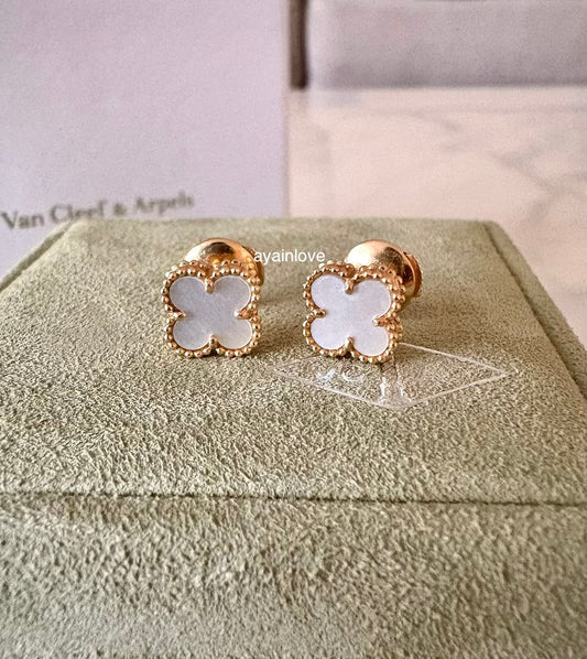 VAN CLEEF ARPELS VCA 18KT Yellow Gold White MOP Mother of Pearl Sweet Alhambra Earrings