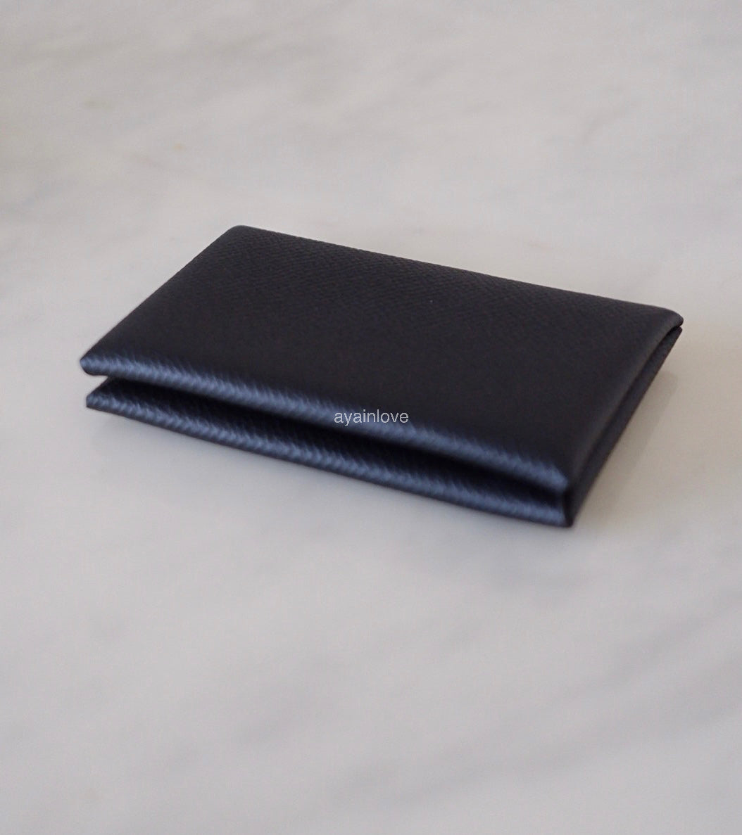 HERMES Calvi Black Noir Epsom Card Holder Palladium Hardware