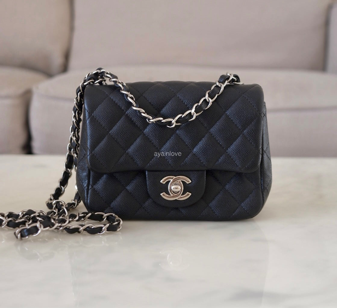 CHANEL 17B Black Caviar (Burgundy Interior) Quilted Square Mini Flap Bag Silver Hardware