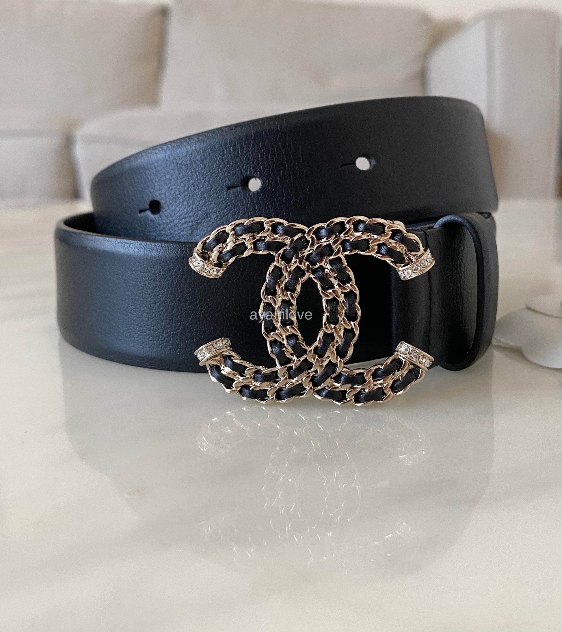 CHANEL 21B Black CC Diamante Leather Chain Belt Size 70 Light Gold