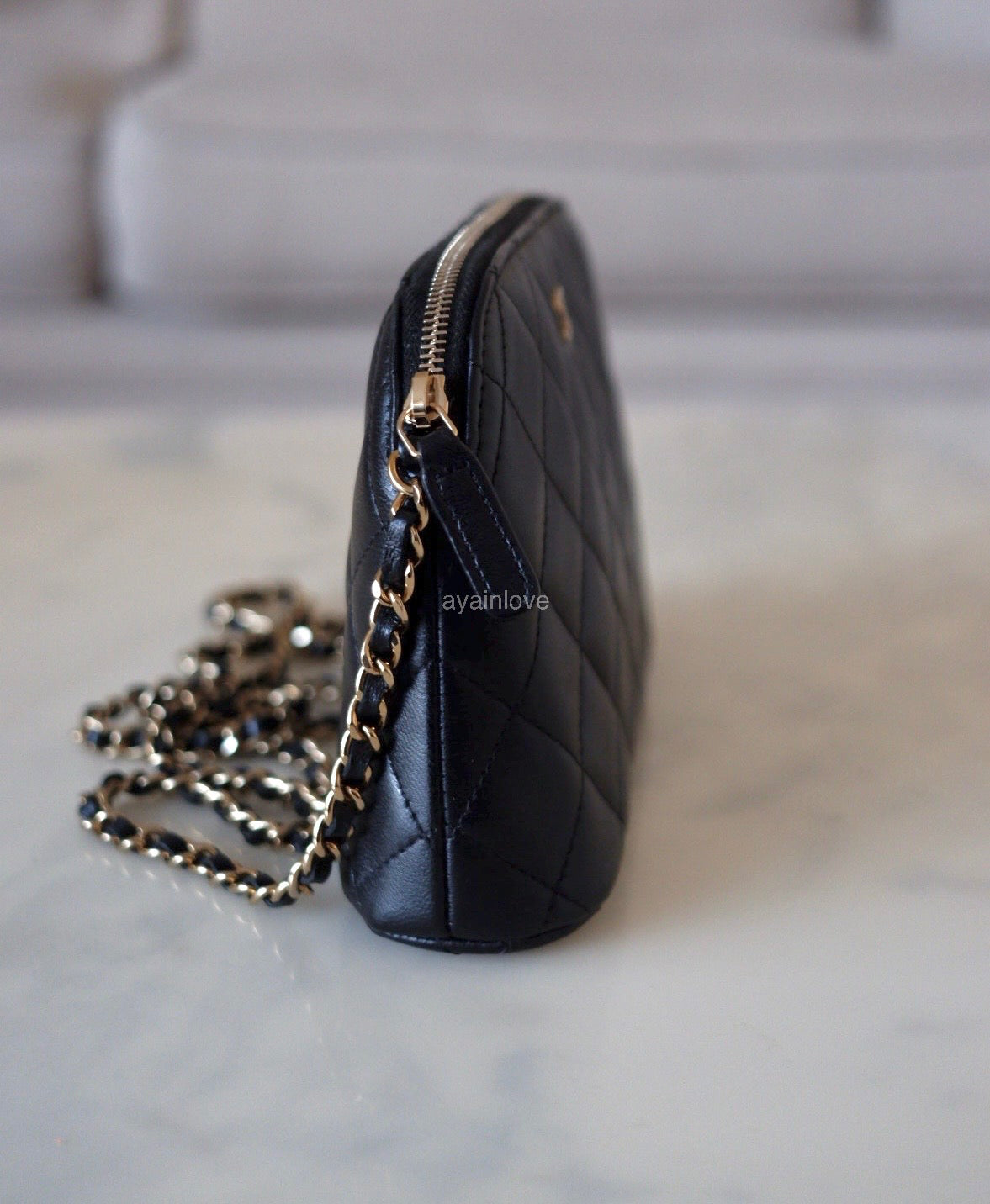 CHANEL Small Black Lambskin Zip Clutch on Chain Camera Bag Light Gold Hardware