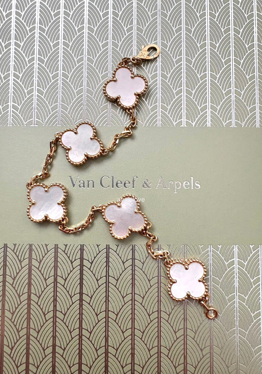 Van Cleef Arpels VCA 5 Motifs Bracelet White Mother of Pearl MOP 18KT Yellow Gold Vintage Alhambra