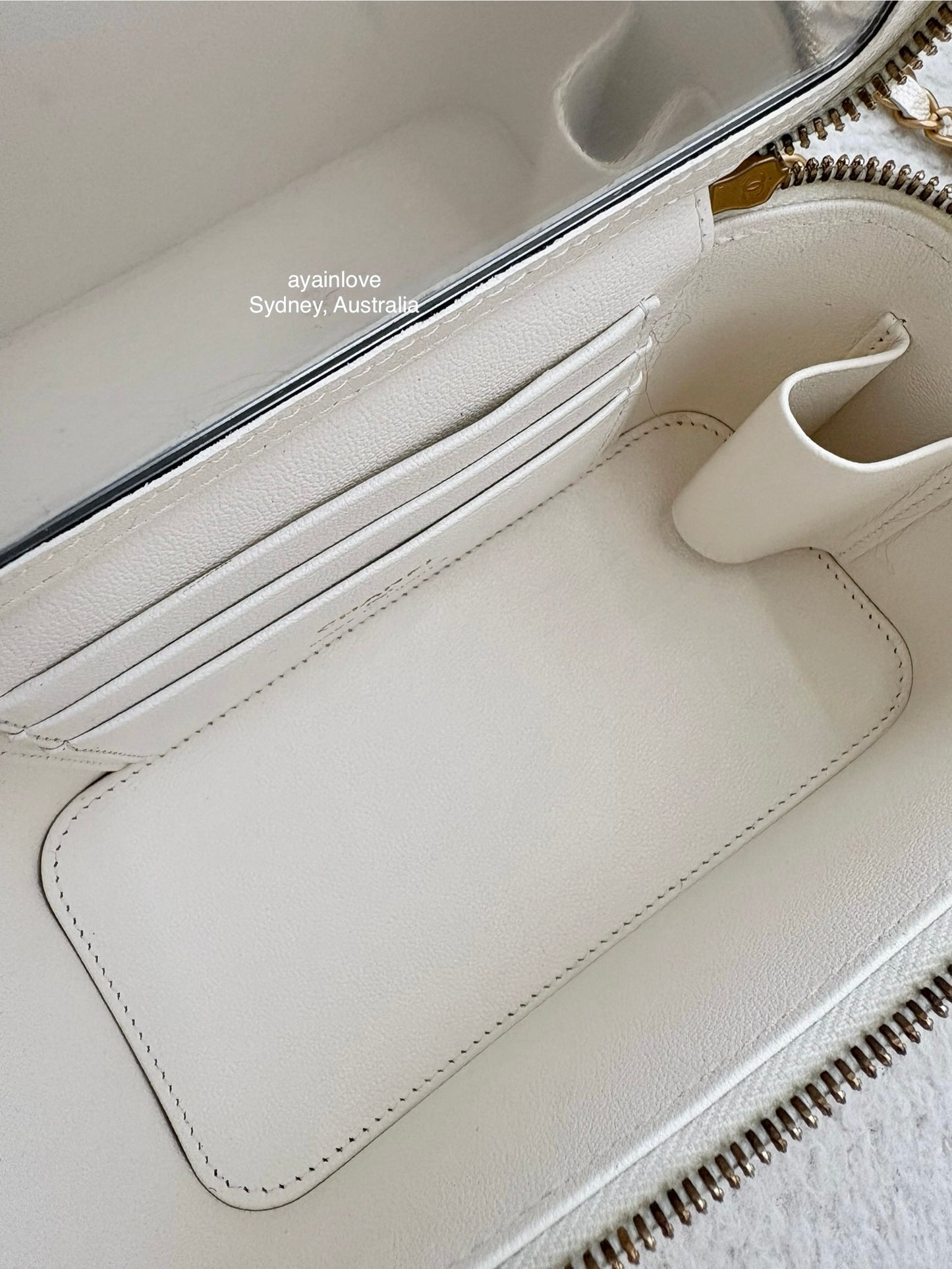 CHANEL Iridescent White Caviar Rectangular Vanity on Adjustable Chain Strap Oversized CC Gold Hardware