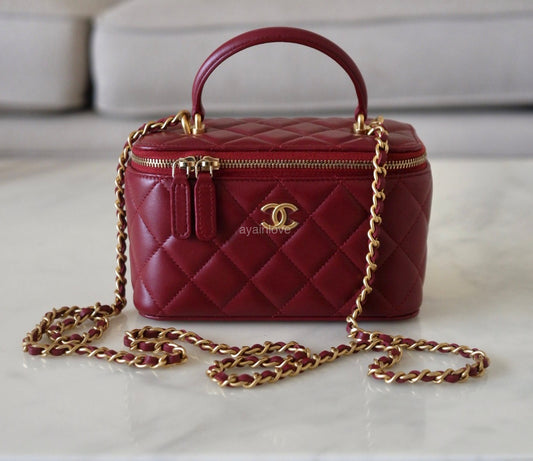 CHANEL 21B Burgundy Lamb Skin Top Handle Vanity Brushed Gold Hardware