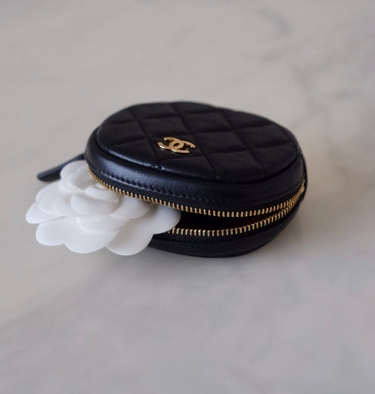 CHANEL Black Lamb Skin Round Coin Purse Card Holder Gold Hardware