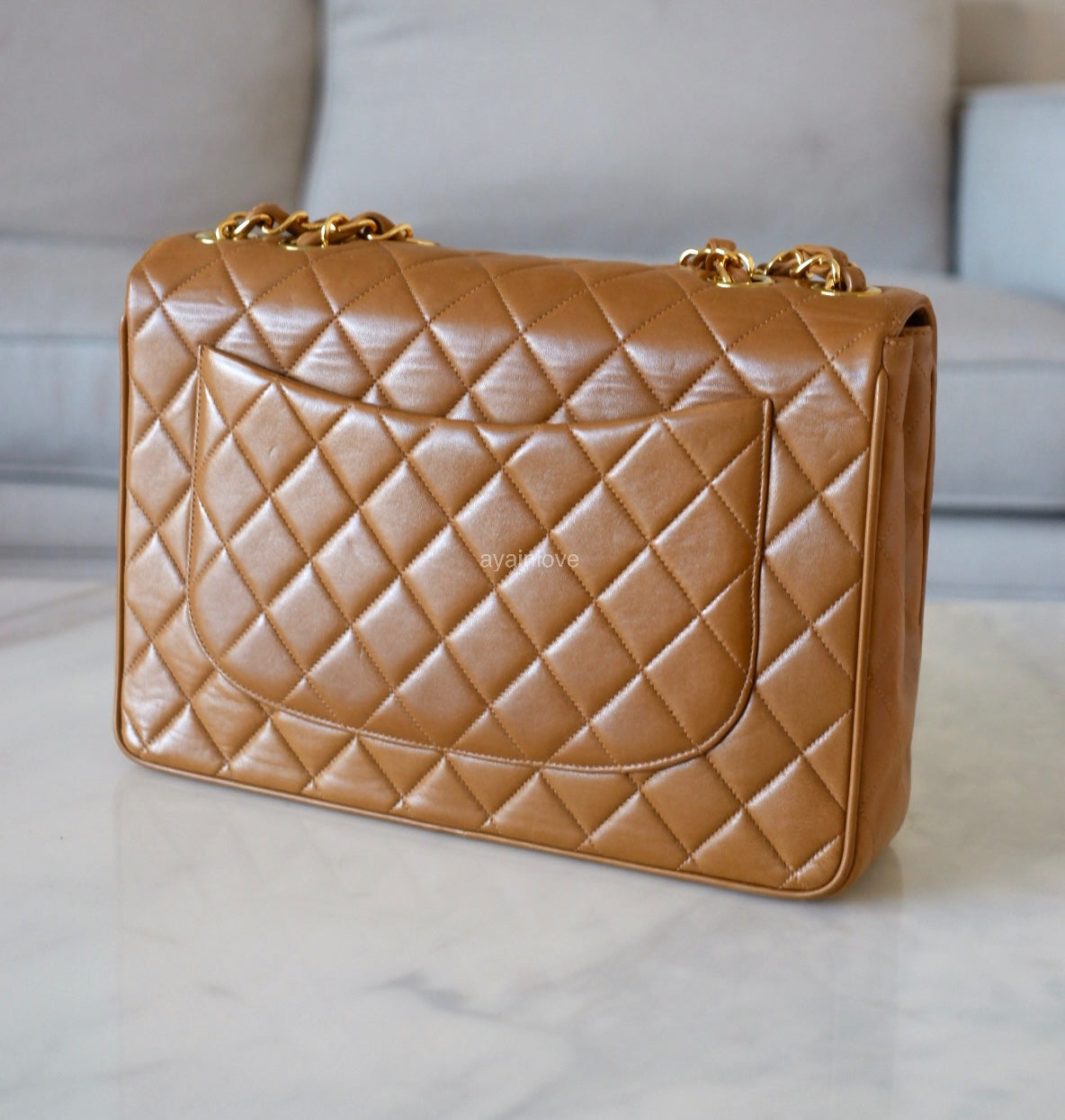 CHANEL Vintage Dark Beige Quilted Jumbo Classic Single Flap Oversized CC Bag 24KT Gold Plated Hardware Series 3