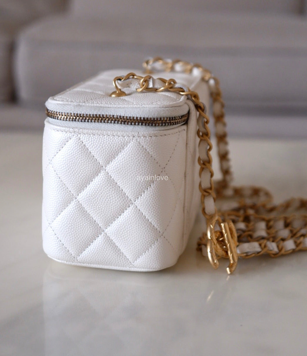CHANEL Iridescent White Caviar Rectangular Vanity on Adjustable Chain Strap Oversized CC Gold Hardware